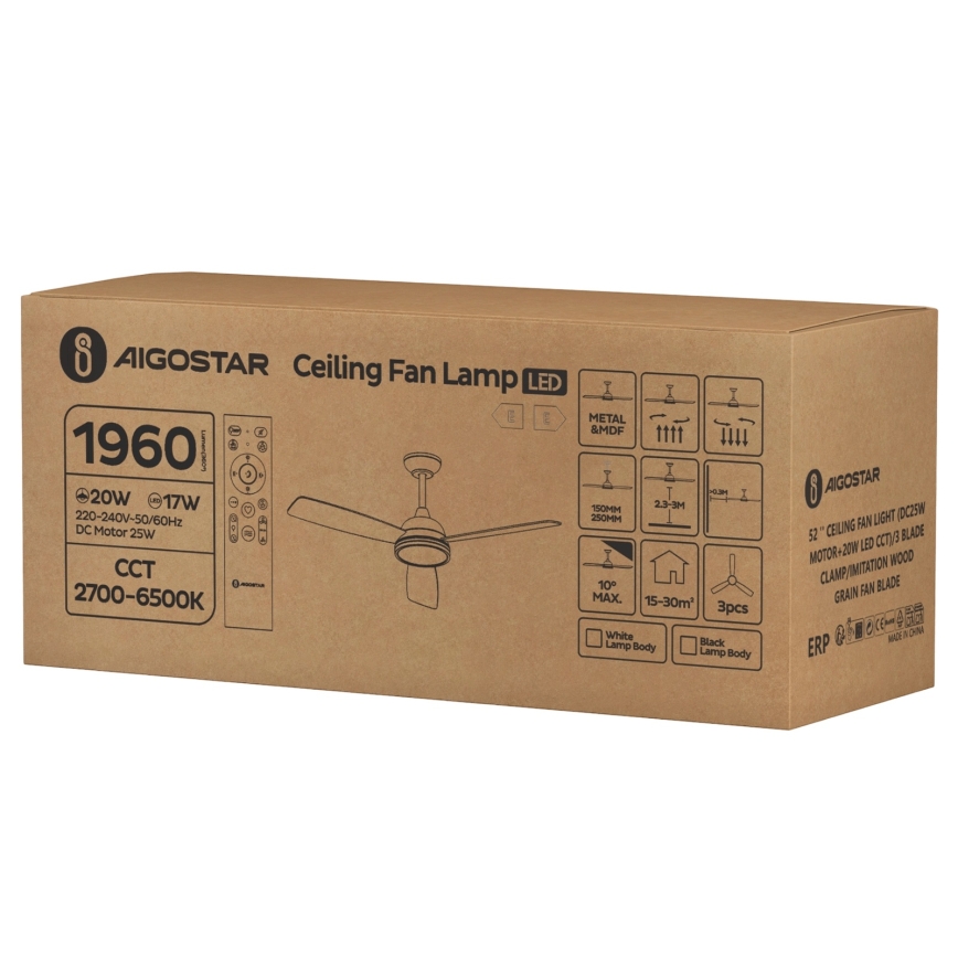 Aigostar - LED dimmbarer Deckenventilator LED/20W/230V 2700-6500K 132cm Braun + Fernbedienung