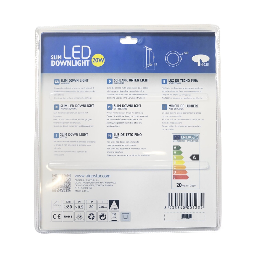 Aigostar - LED-Einbauleuchte ULTRATHIN LED/20W/230V 3000K matt Chrom