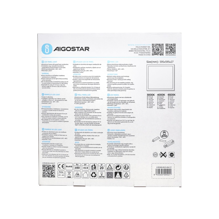 Aigostar - LED-Einbaupanel LED/40W/230V 3000K/4000K/6500K 60x60cm weiß