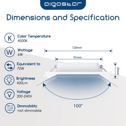 Aigostar - LED Einbaustrahler LED/6W/230V 4000K 12x12 cm Weiß