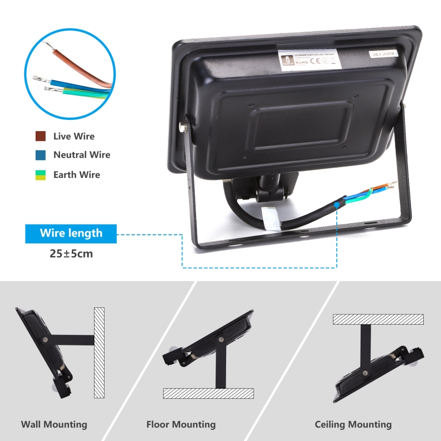 Aigostar - LED-Flutlicht mit Sensor LED/30W/230V 4000K IP65 schwarz