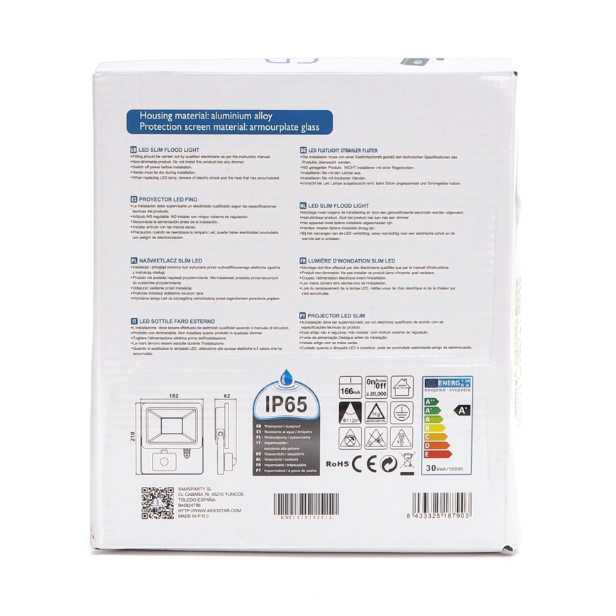 Aigostar - LED-Flutlicht mit Sensor LED/30W/230V 4000K IP65 schwarz