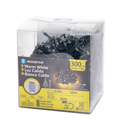 Aigostar-LED LED-Außen-Weihnachtslichterkette 300xLED/8 Funktionen 3xAA 15,3 m IP44 warmweiß