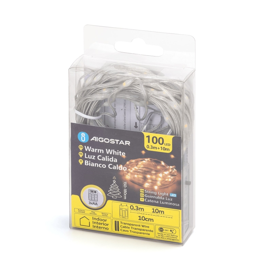 Aigostar - LED-Lichterkette 100xLED/3xAA 10,3m warmweiß