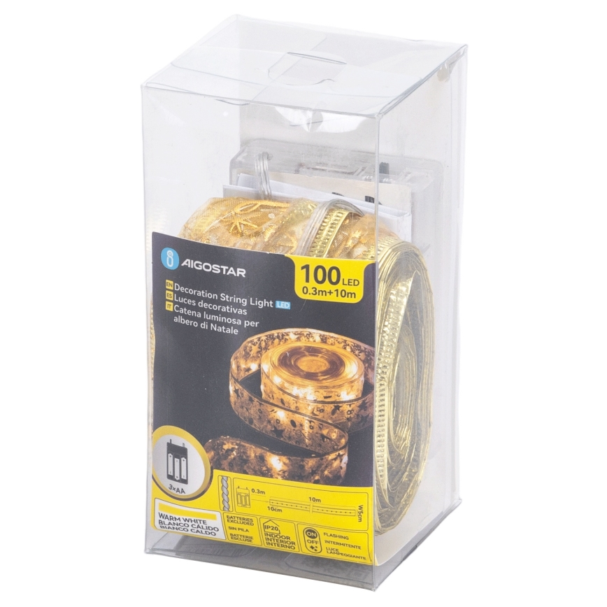 Aigostar - LED-Weihnachts-Lichterkette 100 LEDs/3×AA 10 m warmweiß goldfarben