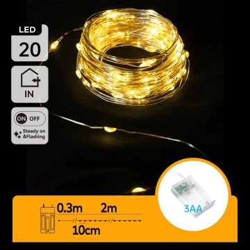 Aigostar - LED-Lichterkette, 20 LEDs / 3×AA, 2,3 m, warmweiß
