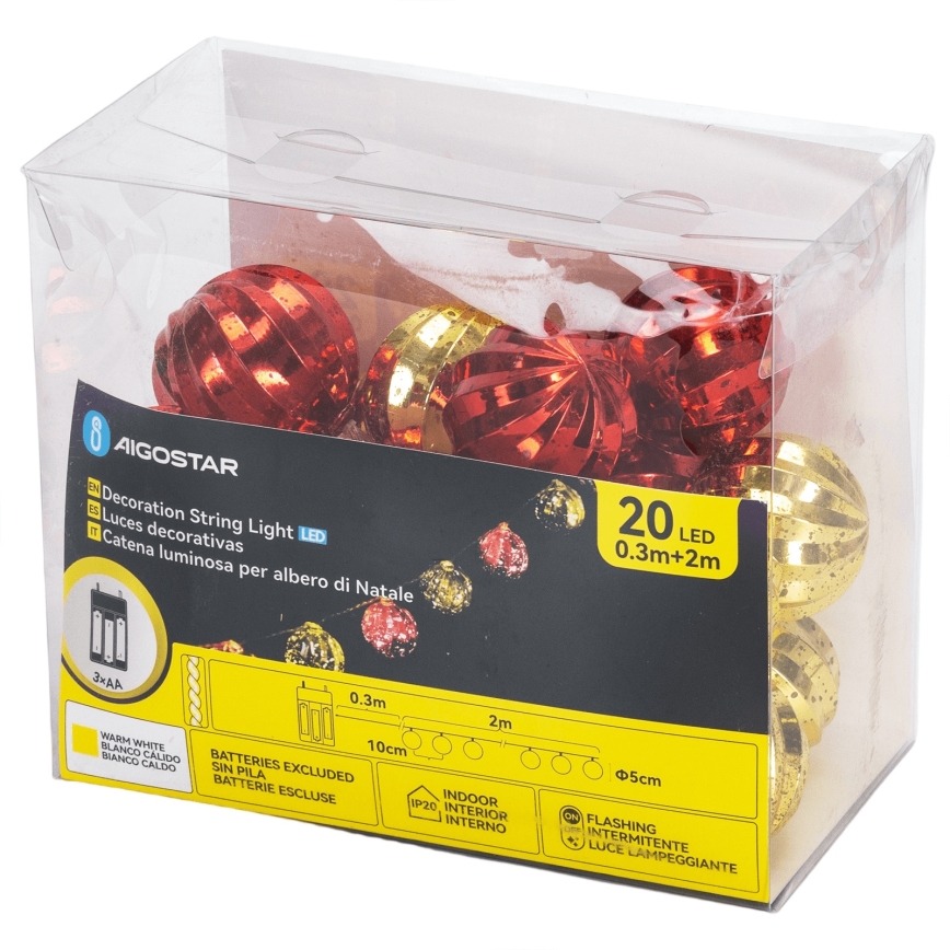Aigostar - LED-Lichterkette 20xLED/3xAA 2 m Warmweiß