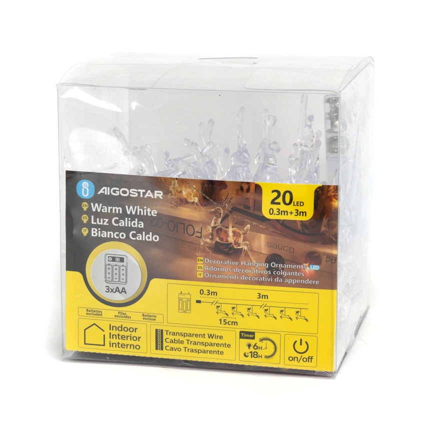 Aigostar - LED-Lichterkette, 20 LEDs, 3×AA, 3,3 m, Rentiere