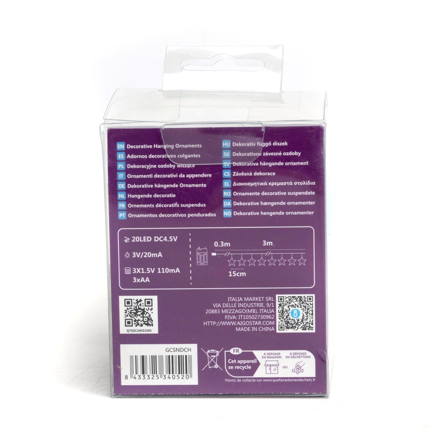 Aigostar - LED  Lichterkette 20xLED/3xAA 3,3m Sterne