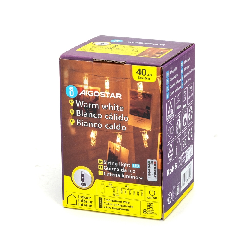 Aigostar - LED Lichterkette 40xLED/5W/USB 9 m warmweiß