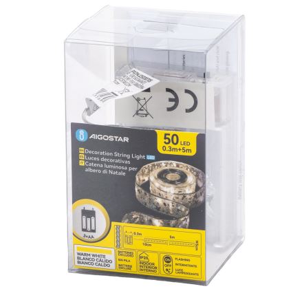 Aigostar - LED-Lichterkette 50xLED/3xAA 5 m warmweiß silber