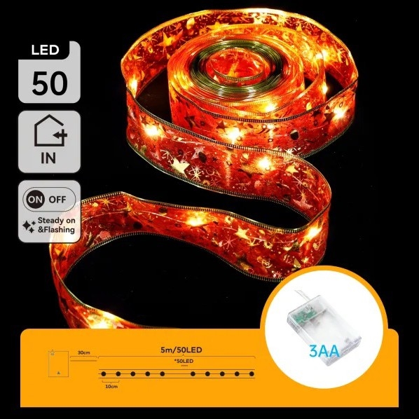 Aigostar - LED-Lichterkette 50 LEDs / 3×AA, 5 m, warmweiß, rot