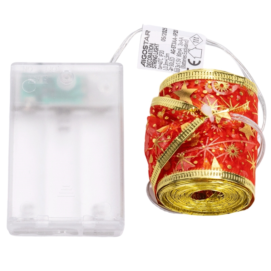 Aigostar - LED-Lichterkette 50 LEDs / 3×AA, 5 m, warmweiß, rot