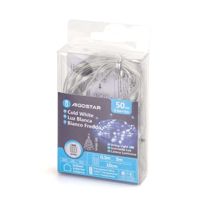 Aigostar - LED Weihnachtslichterkette 50xLED/3xAA 5,3m kaltweiß