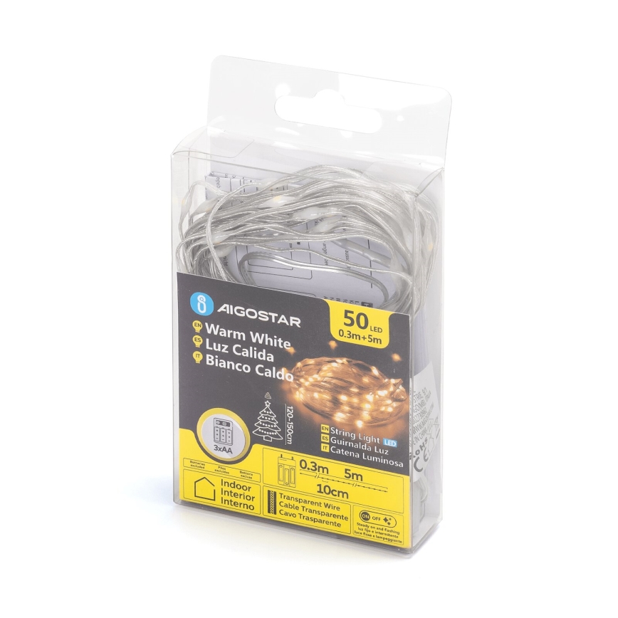 Aigostar - LED-Lichterkette 50xLED/3xAA 5,3 m warmweiß