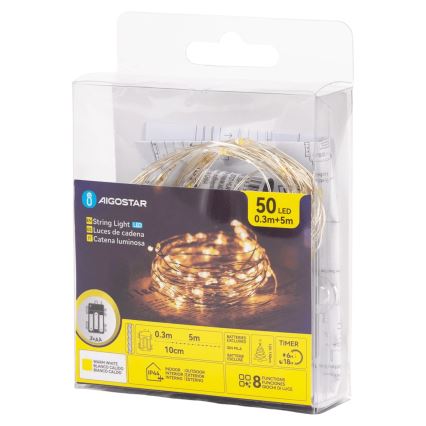 Aigostar - LED-Lichterkette für den Außenbereich, 50 LEDs, 8 Funktionen, 3×AA, 5,3 m, warmweiß