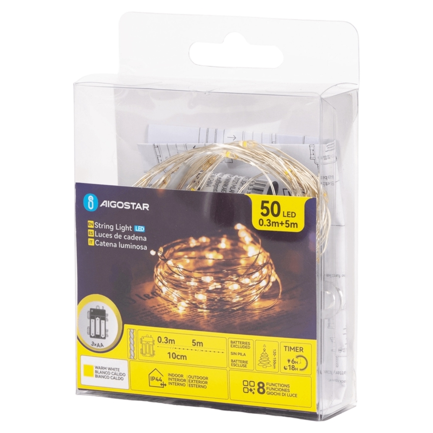 Aigostar - LED-Lichterkette für den Außenbereich 50xLED/3xAA 5,3 m warmweiß