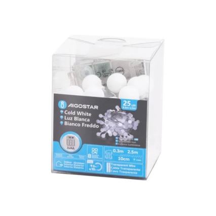 Aigostar - LED Außen-Weihnachtslichterkette 25xLED/3xAA/8 Funktionen 2,8 m IP44 kaltweiß