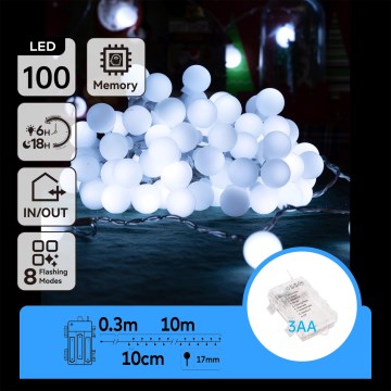 Aigostar - LED-Lichterkette für den Außenbereich 100xLED/3xAA/8 Funktionen 10,3 m IP44 kaltweiß