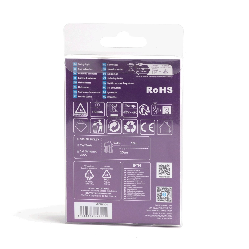 Aigostar - LED Außen-Lichterkette 100xLED/8 Funktionen/3xAA10,3m IP44 mehrfarbig