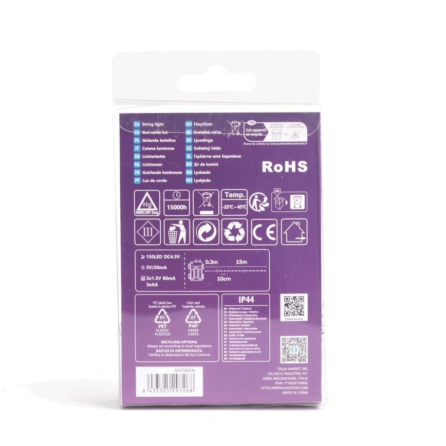 Aigostar - LED-Außen-Lichterkette 150xLED/8 Funktionen/3xAA 15,3m IP44 kaltweiß