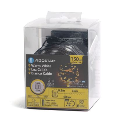 Aigostar - LED-Lichterkette für den Außenbereich, 150 LEDs/8 Funktionen, 3xAA, 15,3 m, IP44, warmweiß
