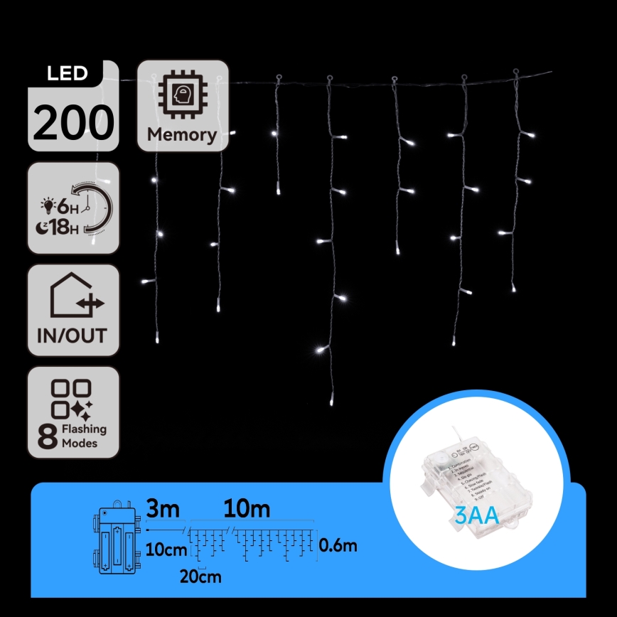 Aigostar - LED-Lichterkette für den Außenbereich 200xLED/8 Funktionen 3xAA 13x0,6m IP44 kaltweiß