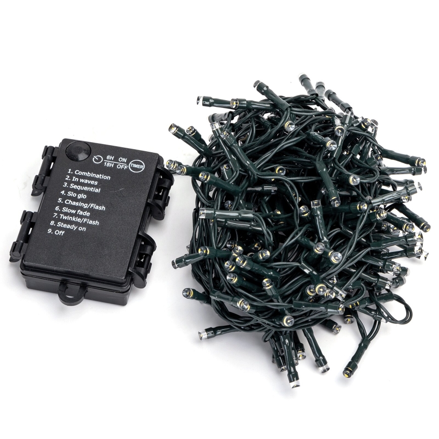 Aigostar - LED-Lichterkette für den Außenbereich, 200 LEDs / 8 Funktionen, 3×AA, 10,3 m, IP44, warmweiß