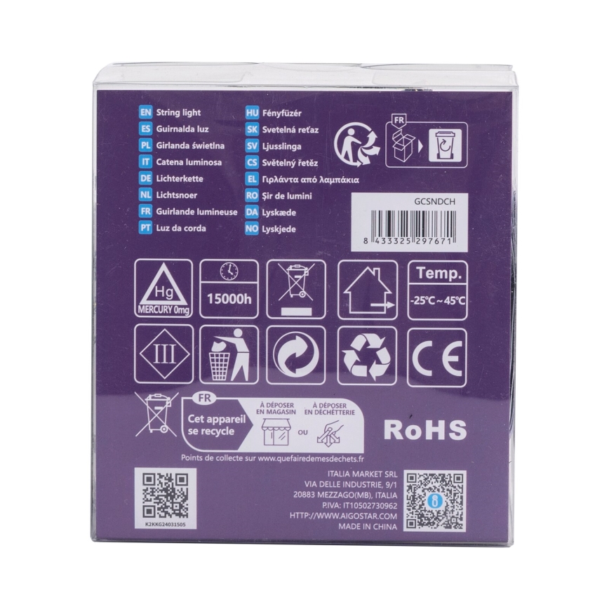 Aigostar - LED-Lichterkette für den Außenbereich, 200 LEDs / 8 Funktionen, 3×AA, 10,3 m, IP44, warmweiß