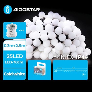 Aigostar - LED-Lichterkette für den Außenbereich 25 LEDs/3x AA-Batterien/8 Funktionen 2,8 m IP44 kaltweiß