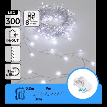 Aigostar - LED-Lichterkette für den Außenbereich, 300 LEDs / 8 Funktionen, 3xAA, 9,3 m, IP44, kaltweiß