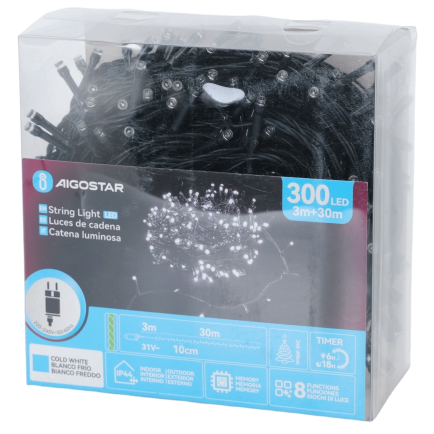 Aigostar - LED Außen-Weihnachtslichterkette 300xLED/8 Funktionen 30m IP44 kaltweiß