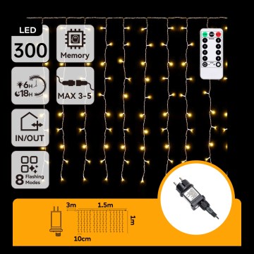 Aigostar - LED-Lichterkette für den Außenbereich 300xLED/8 Funktionen 3x1m IP44 warmweiß + Fernbedienung