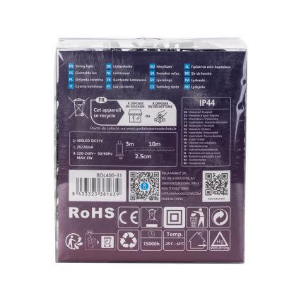 Aigostar - LED-Lichterkette für den Außenbereich, 400 LEDs / 8 Funktionen, 13 m, IP44, kaltweiß