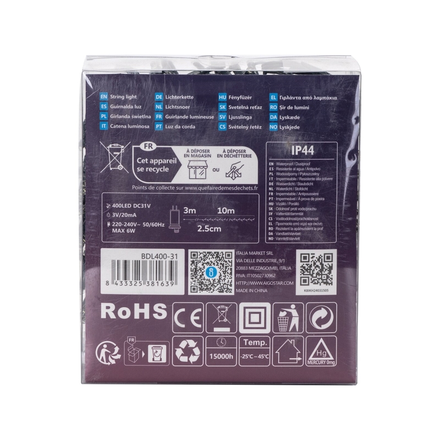 Aigostar - LED-Lichterkette für den Außenbereich, 400 LEDs / 8 Funktionen, 13 m, IP44, kaltweiß