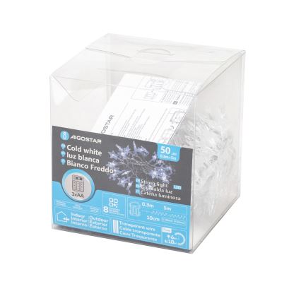 Aigostar - LED-Lichterkette für den Außenbereich, 50 LEDs, 8 Funktionen, 3×AA, 5 m, IP44, kaltweiß
