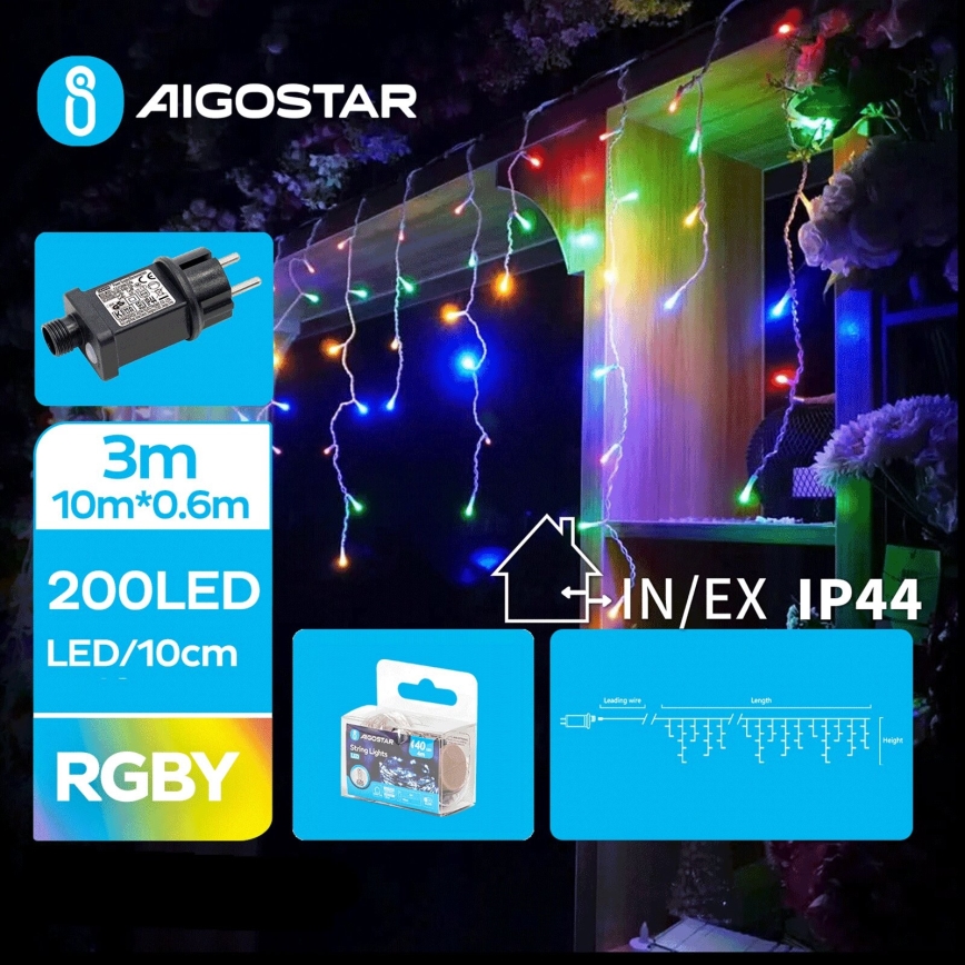 Aigostar - LED-Lichterkette für den Außenbereich, Weihnachtsbeleuchtung, 200 LEDs / 8 Funktionen, 13 × 0,6 m, IP44, mehrfarbig