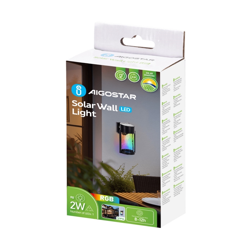 Aigostar - LED RGB Solar-Wandleuchte LED/2W/1,2V 300 mAh schwarz IP44