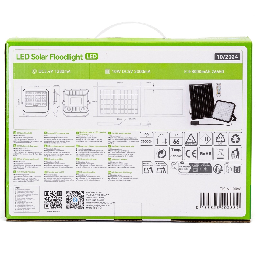 Aigostar - LED RGBW Dimmbarer Solarstrahler LED/100W/3,4V IP66 8000 mAh + Fernbedienung