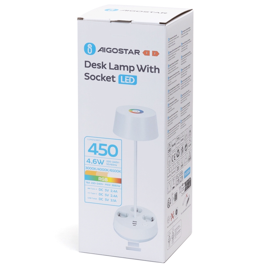 Aigostar - LED Dimmertischlampe mit Steckdosen und USB LED/4,6W/230V 3000/4000/6500K weiß
