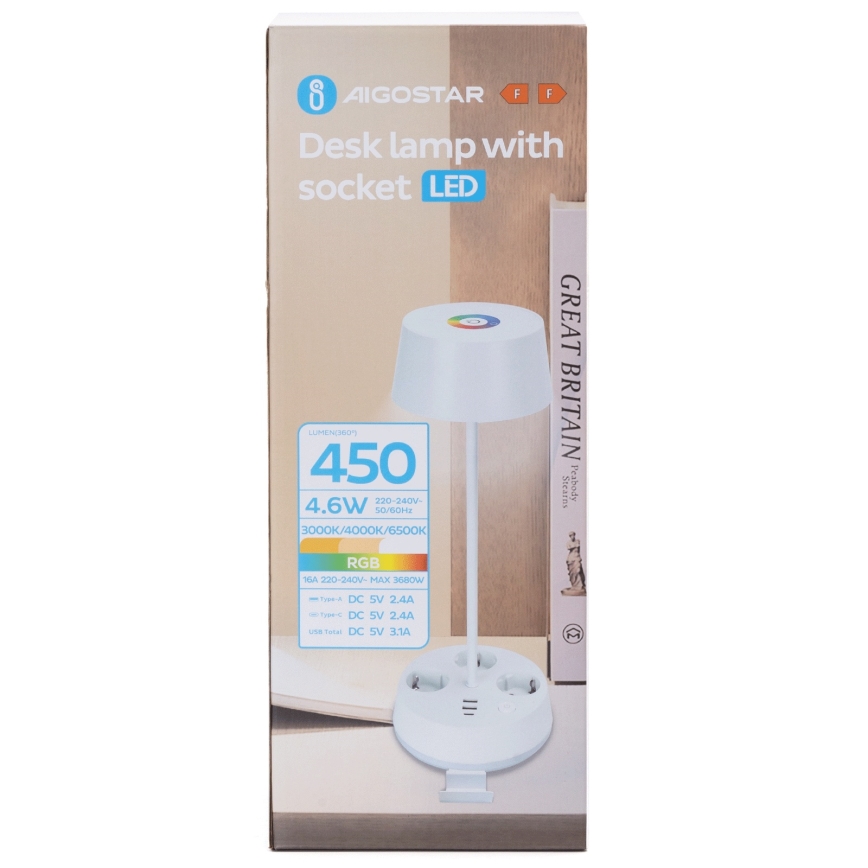 Aigostar - LED Dimmertischlampe mit Steckdosen und USB LED/4,6W/230V 3000/4000/6500K weiß