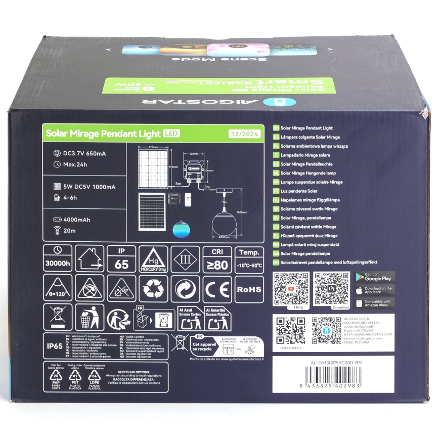 Aigostar - LED RGBW Dimmbare Solar-Hängeleuchte MESH LED/20W/3,7V 4000 mAh 2700K-6500K IP65 d 20 cm