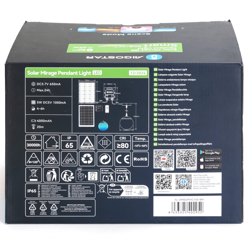 Aigostar - LED RGBW dimmbare Solarleuchte MESH LED/20W/3,7V 4000 mAh 2700K-6500K IP65 Ø 15 cm