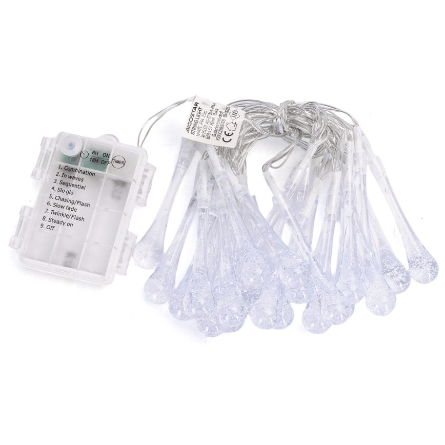 Aigostar - LED-Lichterkette für den Außenbereich, 25 LEDs, 8 Leuchtmodi, 3×AA, 2,5 m, IP44, mehrfarbige Tropfen