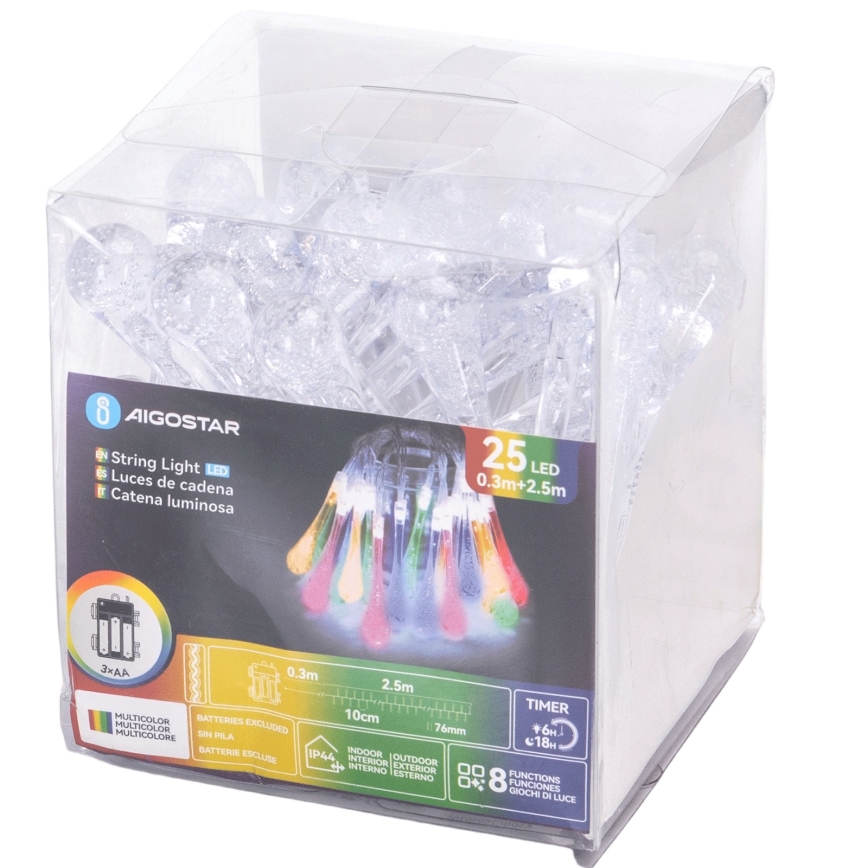 Aigostar - LED-Lichterkette für den Außenbereich, 25 LEDs, 8 Leuchtmodi, 3×AA, 2,5 m, IP44, mehrfarbige Tropfen