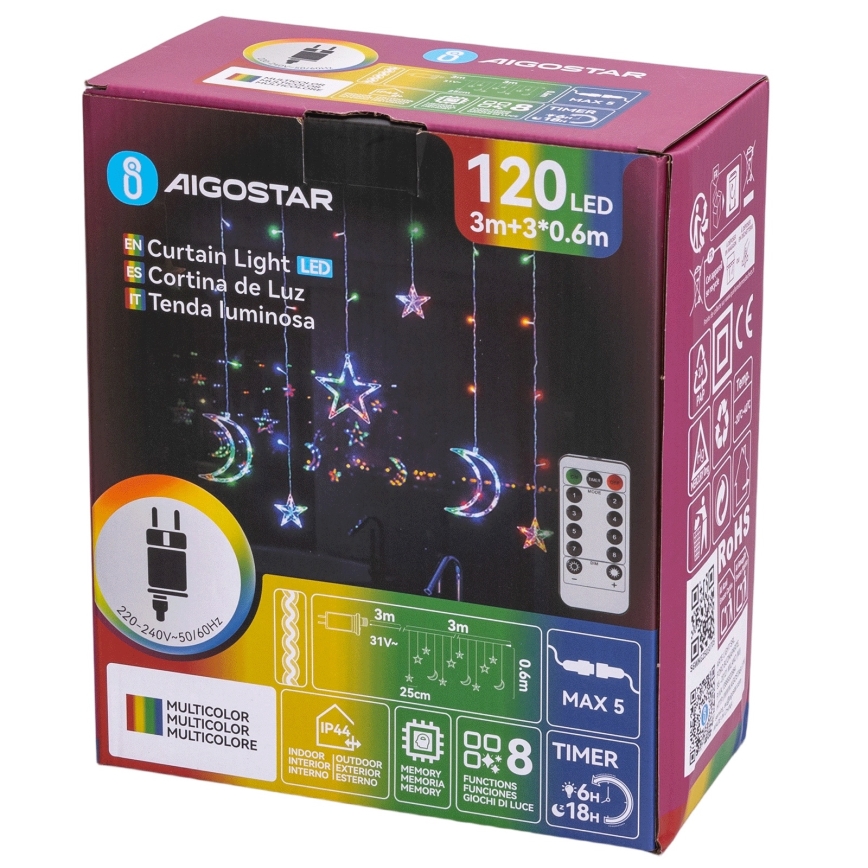 Aigostar - LED RGBY Lichterkette für den Außenbereich 120xLED/8 Funktionen 3x0,6 m IP44 mehrfarbig + Fernbedienung