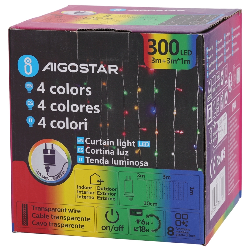 Aigostar - LED RGBY Außen-Lichterkette 300 LEDs / 8 Funktionen 3×1 m IP44 + Fernbedienung