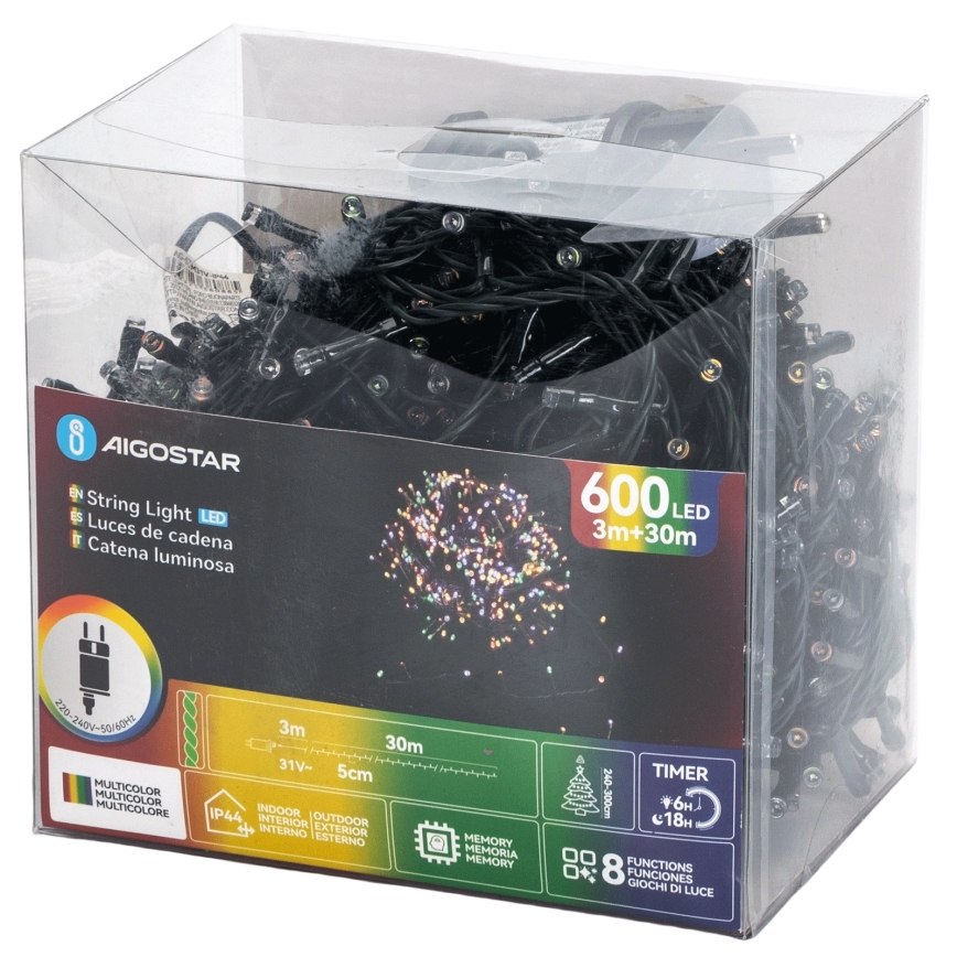 Aigostar - LED RGBY Außen-Weihnachtslichterkette 600 LEDs/8 Funktionen/30 m/IP44