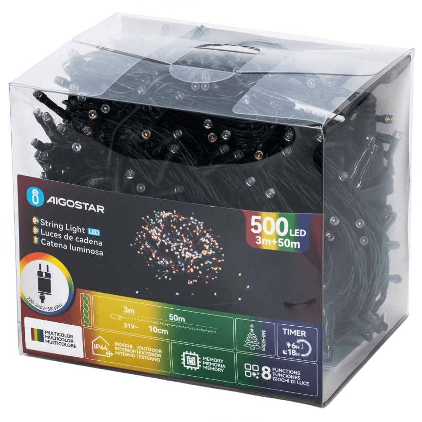 Aigostar - LED-Außen-Weihnachtslichterkette 500 LEDs/8 Funktionen 50 m IP44 mehrfarbig