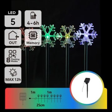 Aigostar - LED RGBY Solar-Weihnachtsleuchte 5xLED/1,2V/8 Funktionen 1m IP65 800mAh Schneeflocken